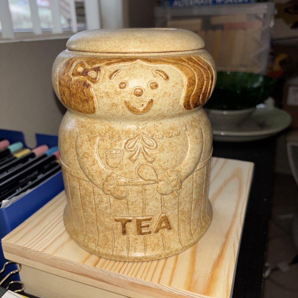 Craft Pottery Tea Canister • 6 5/8" • Woman Motif • Light Brown Glaze